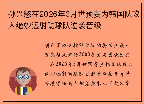 孙兴慜在2026年3月世预赛为韩国队攻入绝妙远射助球队逆袭晋级