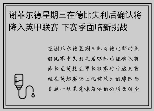谢菲尔德星期三在德比失利后确认将降入英甲联赛 下赛季面临新挑战 谢菲尔德星期三在德比失利后确认将降入英甲联赛 下赛季面临新挑战